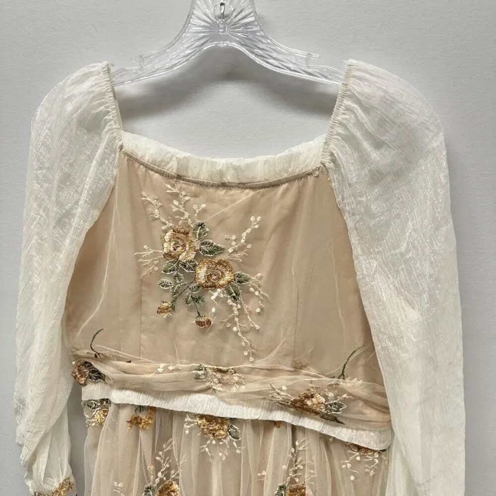Maizishule Beige Floral Embroidered Midi Dress | Boho Sheer Long Sleeve Size L - Picture 14 of 16